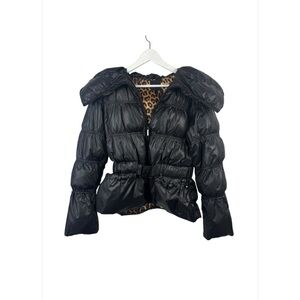 Express Black Puffer belated Jacket with Leopard Print